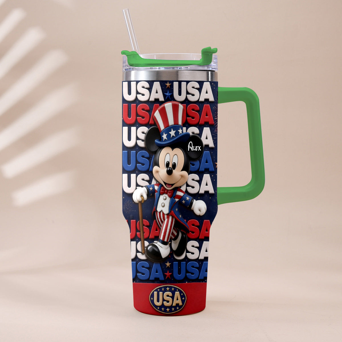 Cartoon Mouse USA Pride, 4th of July - Personalized Mouse Tumbler With Plush Charm
