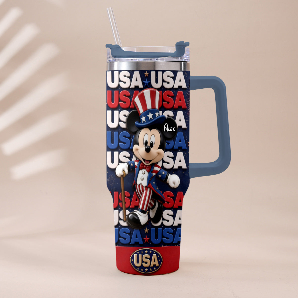 Cartoon Mouse USA Pride, 4th of July - Personalized Mouse Tumbler With Plush Charm