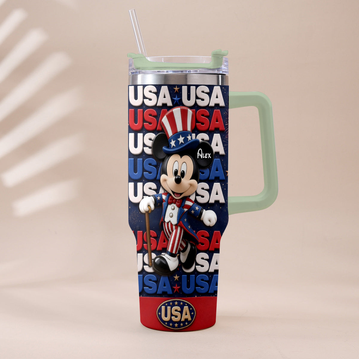 Cartoon Mouse USA Pride, 4th of July - Personalized Mouse Tumbler With Plush Charm
