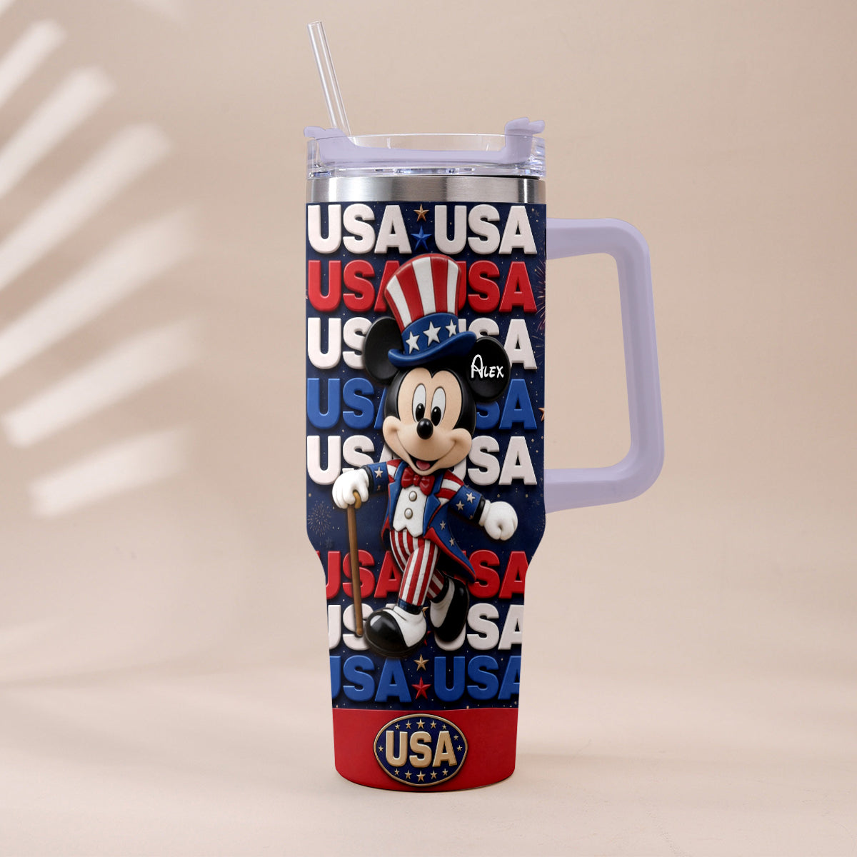 Cartoon Mouse USA Pride, 4th of July - Personalized Mouse Tumbler With Plush Charm