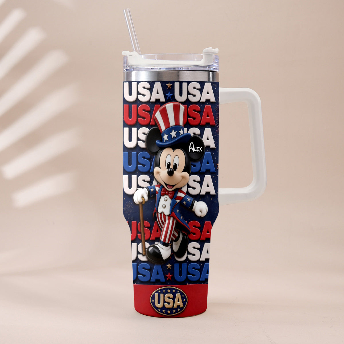 Cartoon Mouse USA Pride, 4th of July - Personalized Mouse Tumbler With Plush Charm