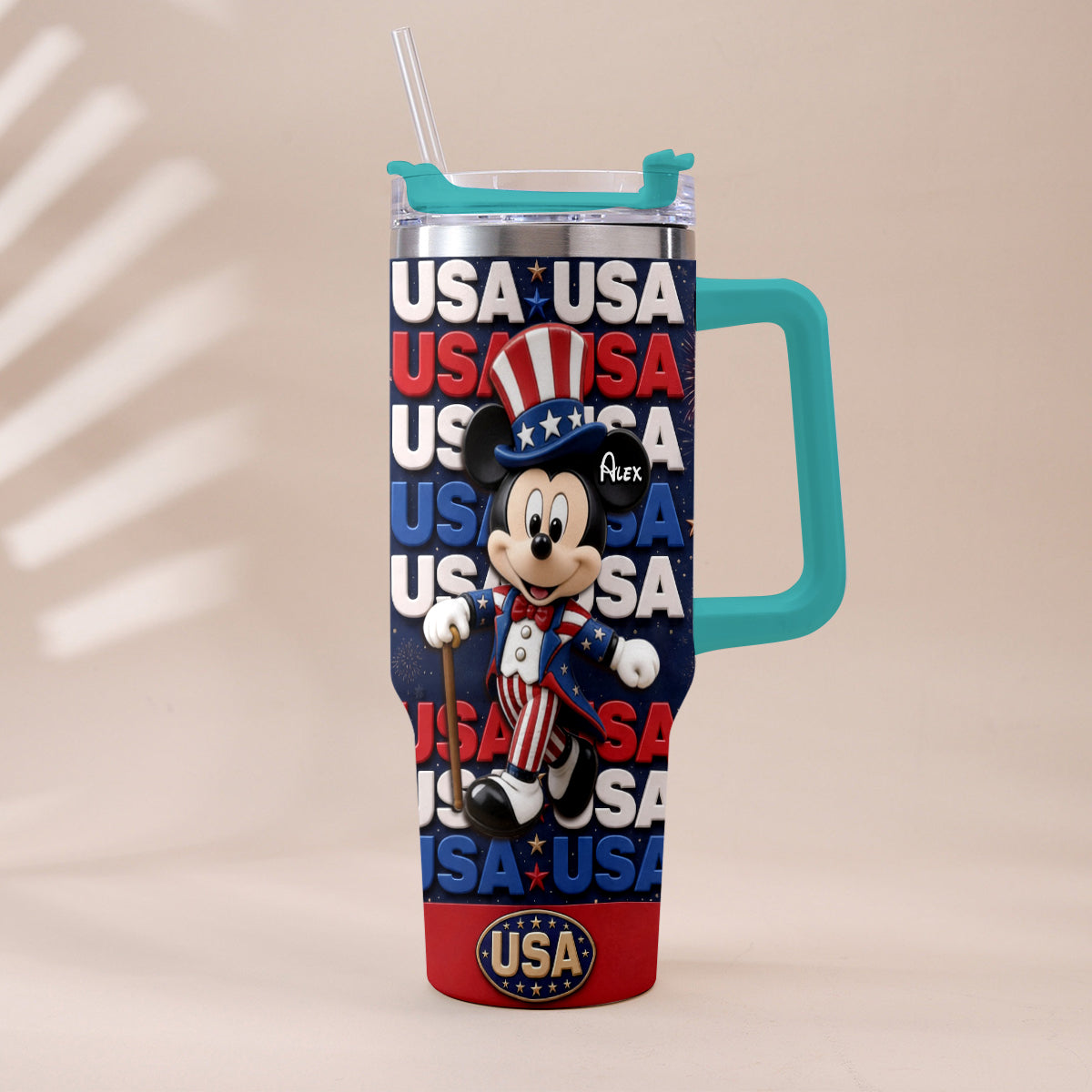 Cartoon Mouse USA Pride, 4th of July - Personalized Mouse Tumbler With Plush Charm