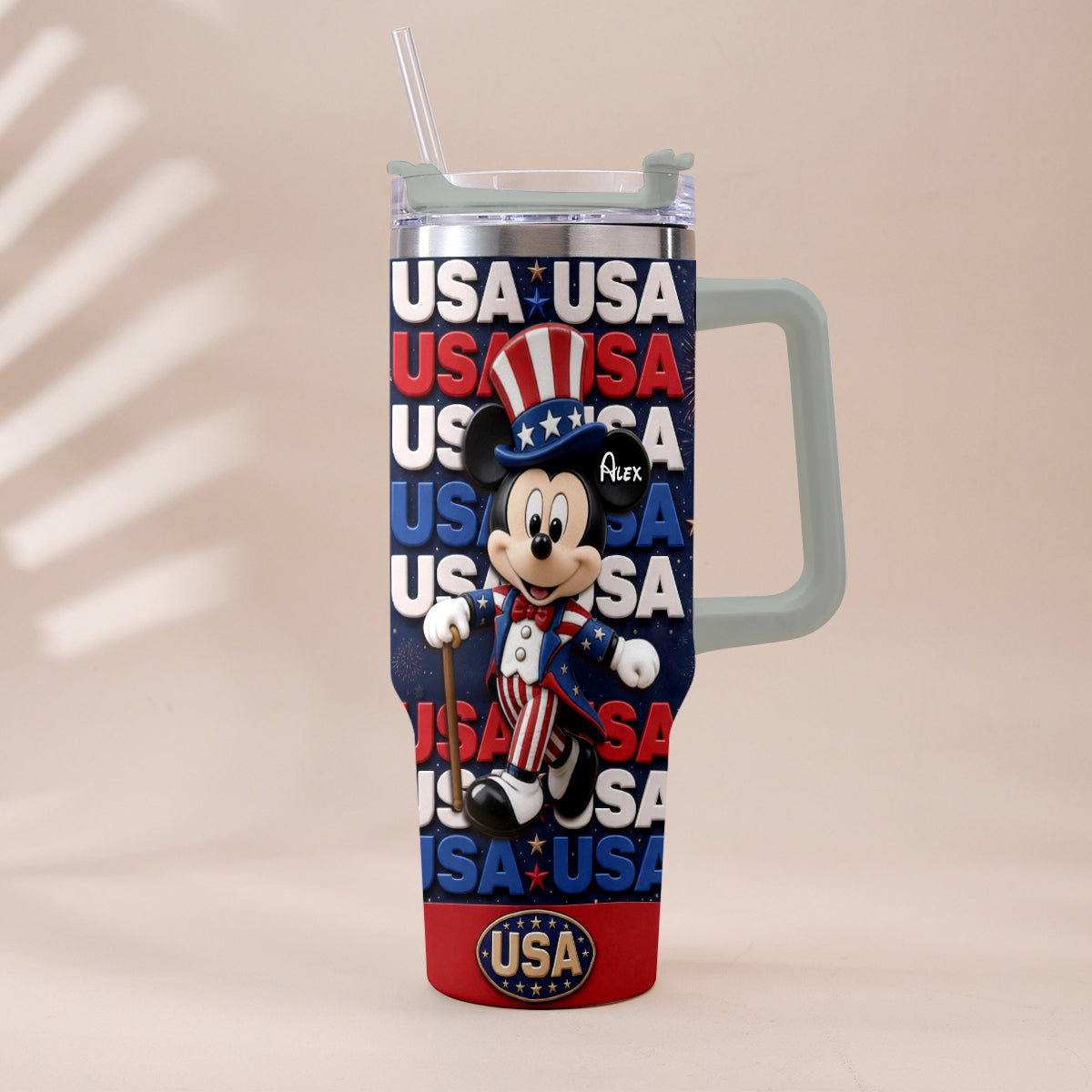 Cartoon Mouse USA Pride, 4th of July - Personalized Mouse Tumbler With Plush Charm