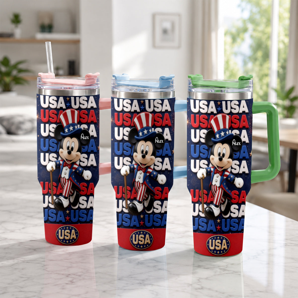 Cartoon Mouse USA Pride, 4th of July - Personalized Mouse Tumbler With Plush Charm