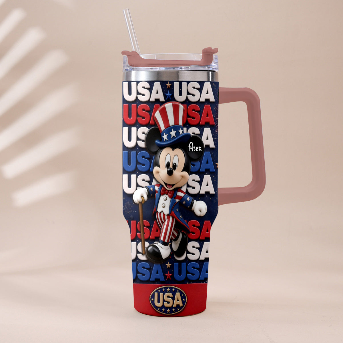 Cartoon Mouse USA Pride, 4th of July - Personalized Mouse Tumbler With Plush Charm