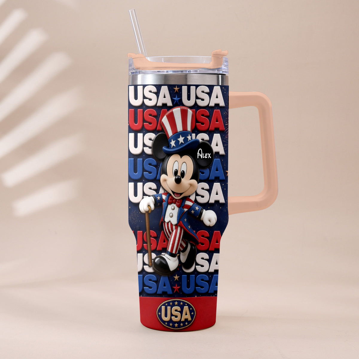 Cartoon Mouse USA Pride, 4th of July - Personalized Mouse Tumbler With Plush Charm