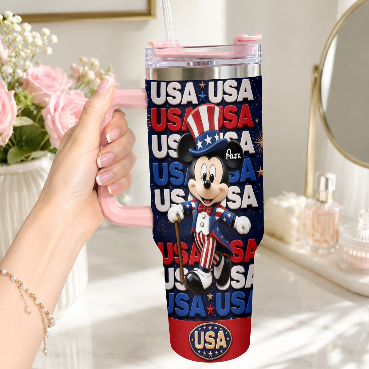 Cartoon Mouse USA Pride, 4th of July - Personalized Mouse Tumbler With Plush Charm
