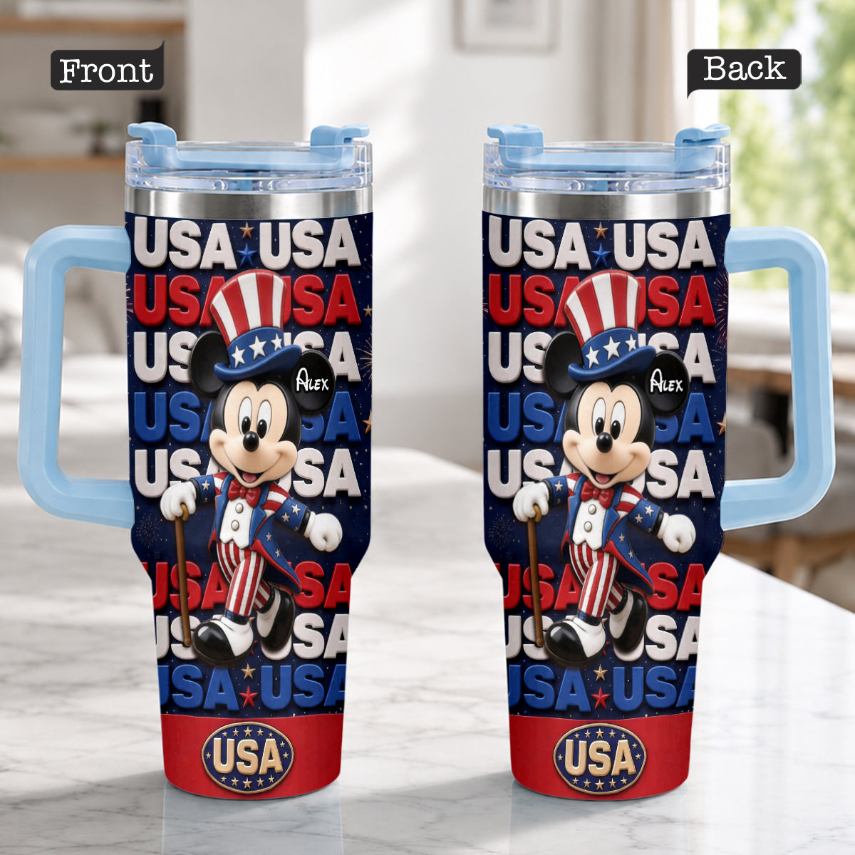 Cartoon Mouse USA Pride, 4th of July - Personalized Mouse Tumbler With Plush Charm