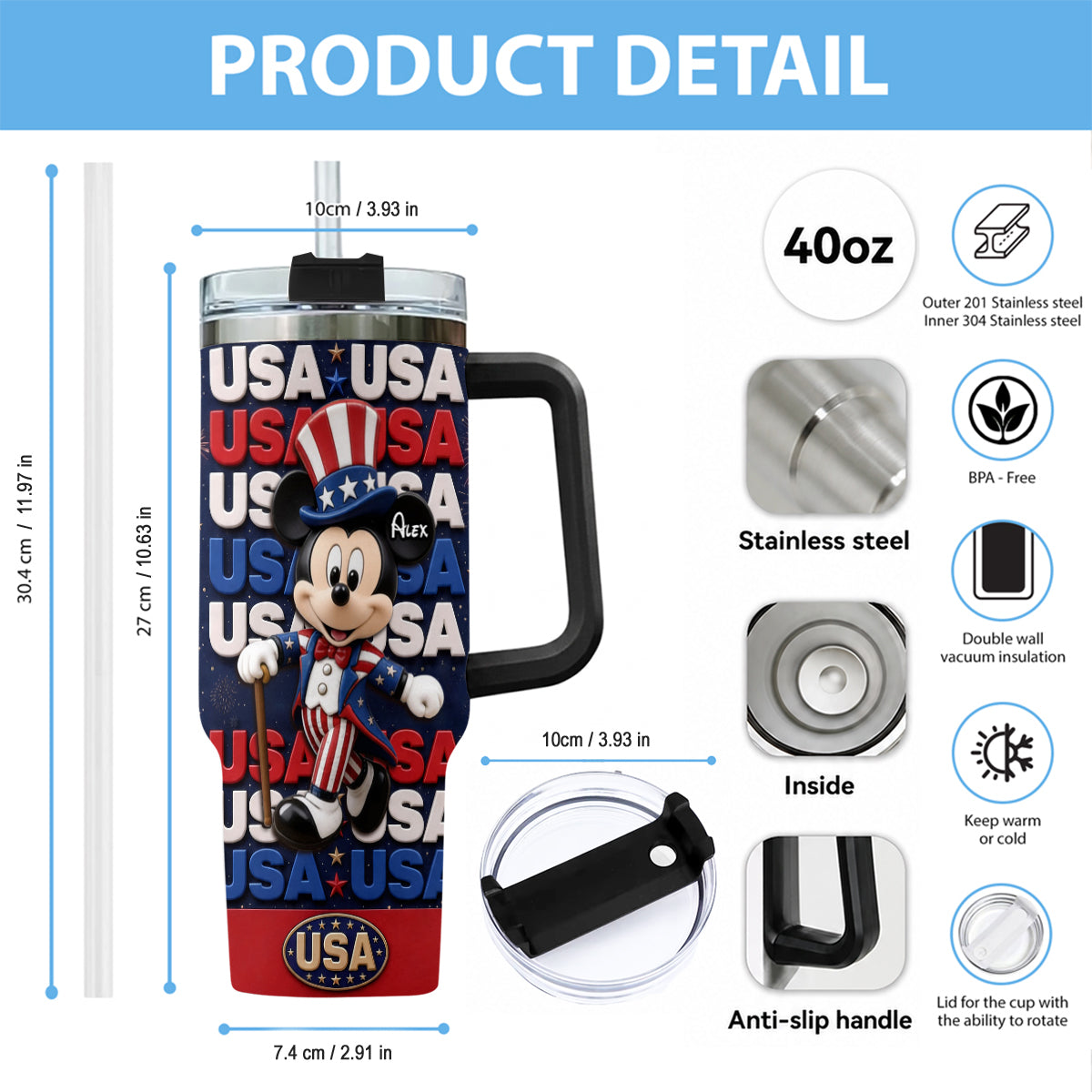 Cartoon Mouse USA Pride, 4th of July - Personalized Mouse Tumbler With Plush Charm
