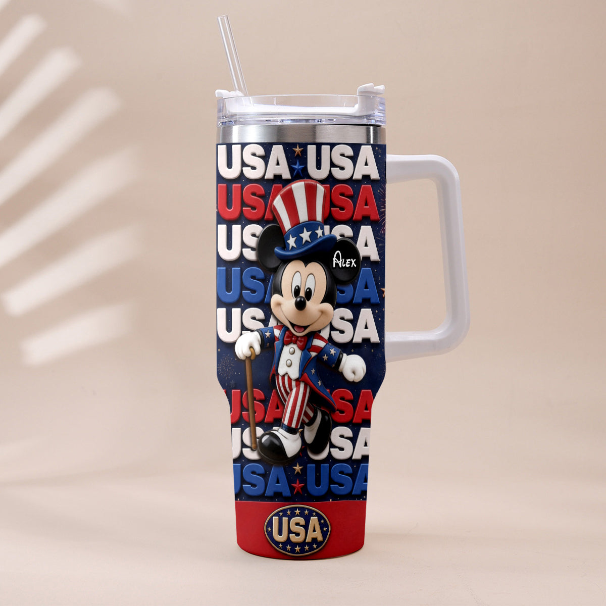 Cartoon Mouse USA Pride, 4th of July - Personalized Mouse Tumbler With Plush Charm
