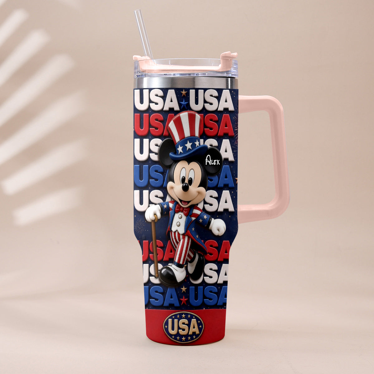 Cartoon Mouse USA Pride, 4th of July - Personalized Mouse Tumbler With Plush Charm