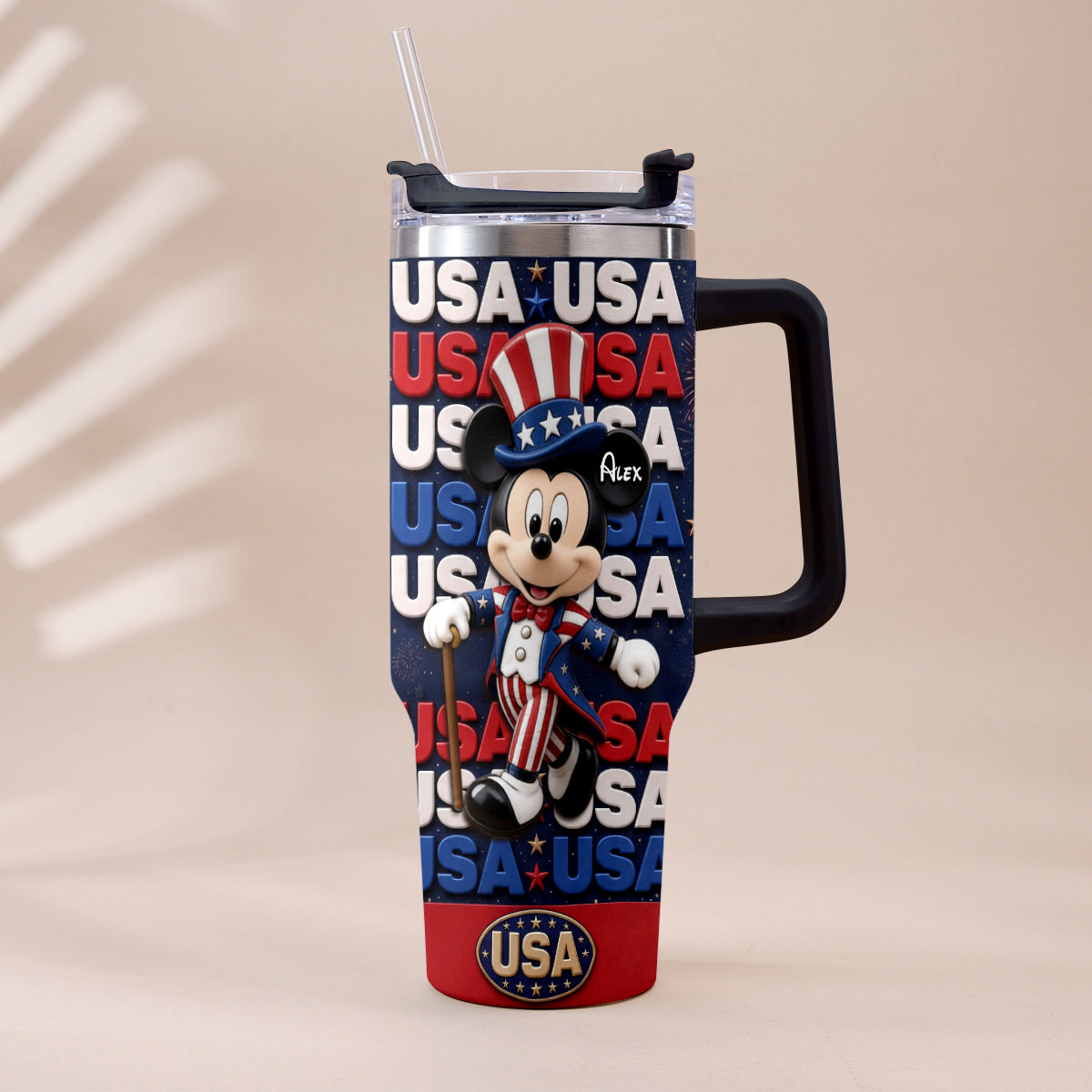 Cartoon Mouse USA Pride, 4th of July - Personalized Mouse Tumbler With Plush Charm