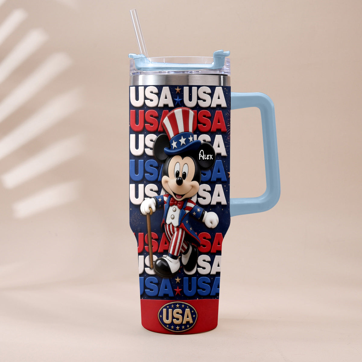 Cartoon Mouse USA Pride, 4th of July - Personalized Mouse Tumbler With Plush Charm