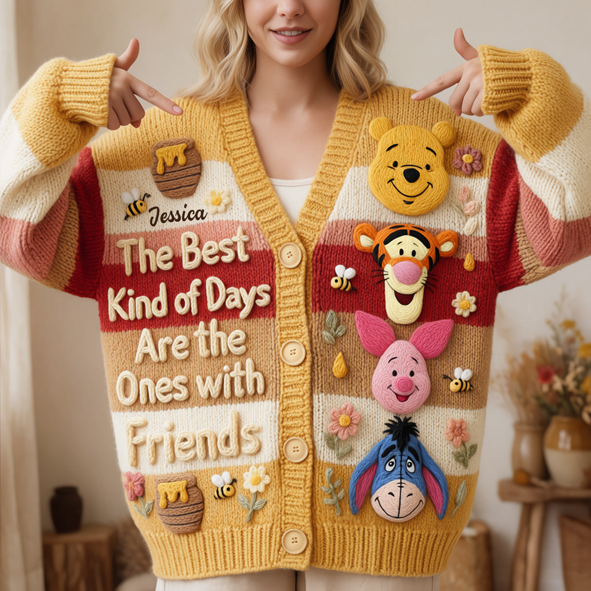 Friends - Personalized Yellow Bear Cardigan Sweater