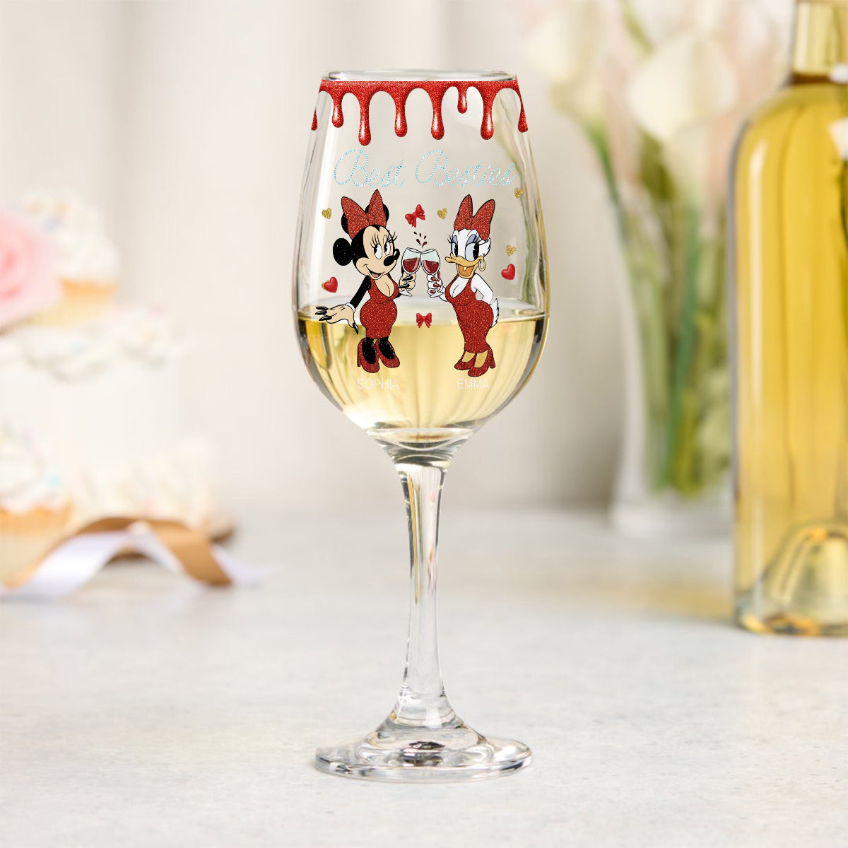 Besties Here To Another Year Of Bonding Over - Personalized Bestie Wine Glass With Long Stem