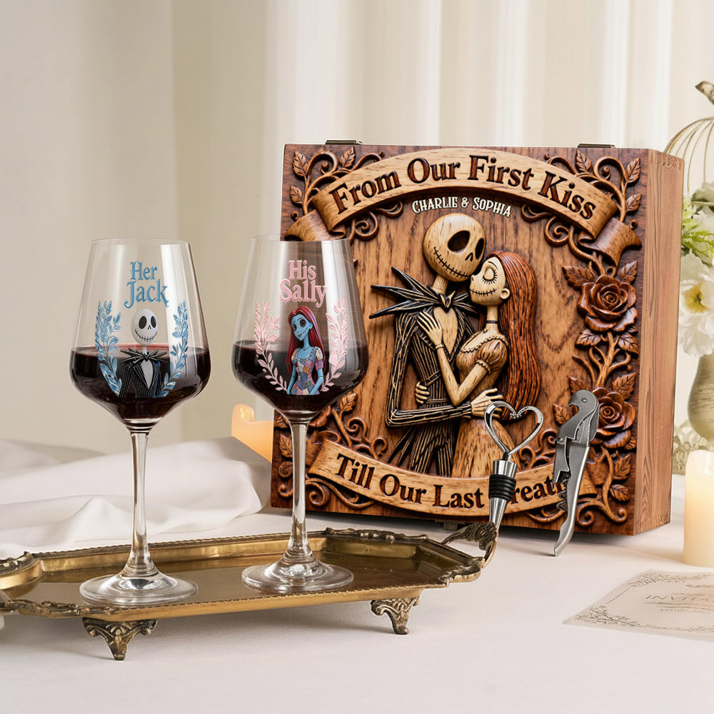 From Our First Kiss - Personalized Nightmare Wine Glasses Set With Wooden Box