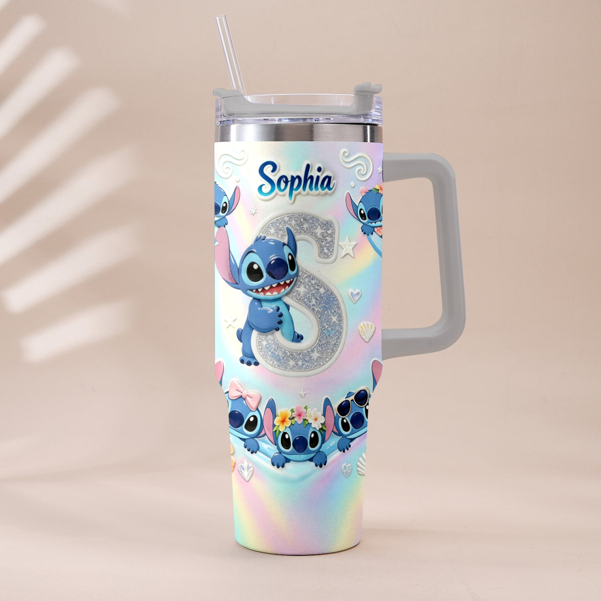 Cute Blue Alien With Letter - Personalized Ohana Tumbler With Plush Charm