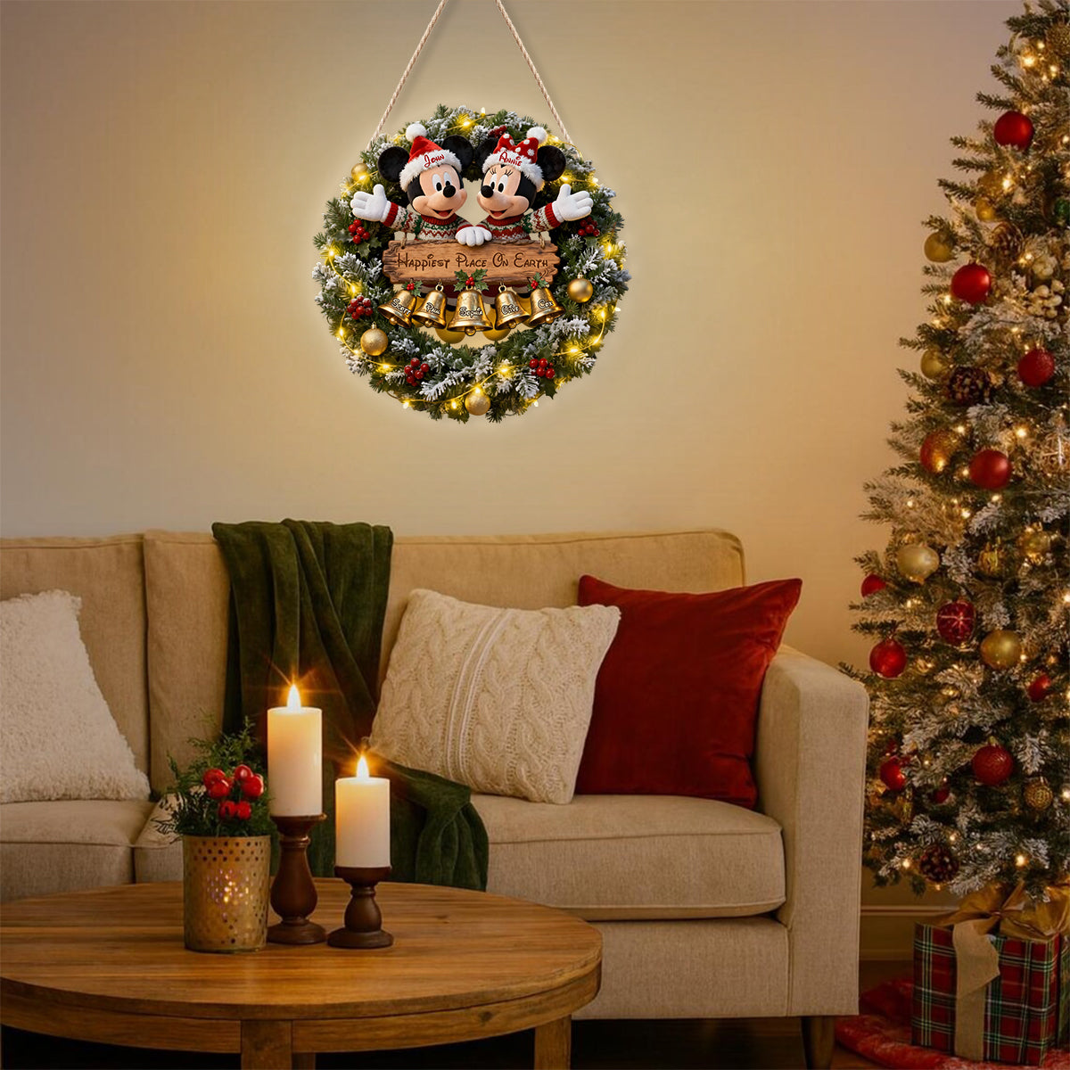 Christmas Bells Wreath With Led Light - Personalized Mouse LED Light Acrylic Sign