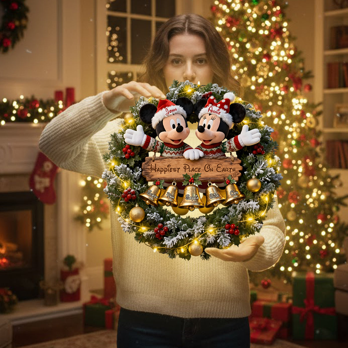 Christmas Bells Wreath With Led Light - Personalized Mouse LED Light Acrylic Sign