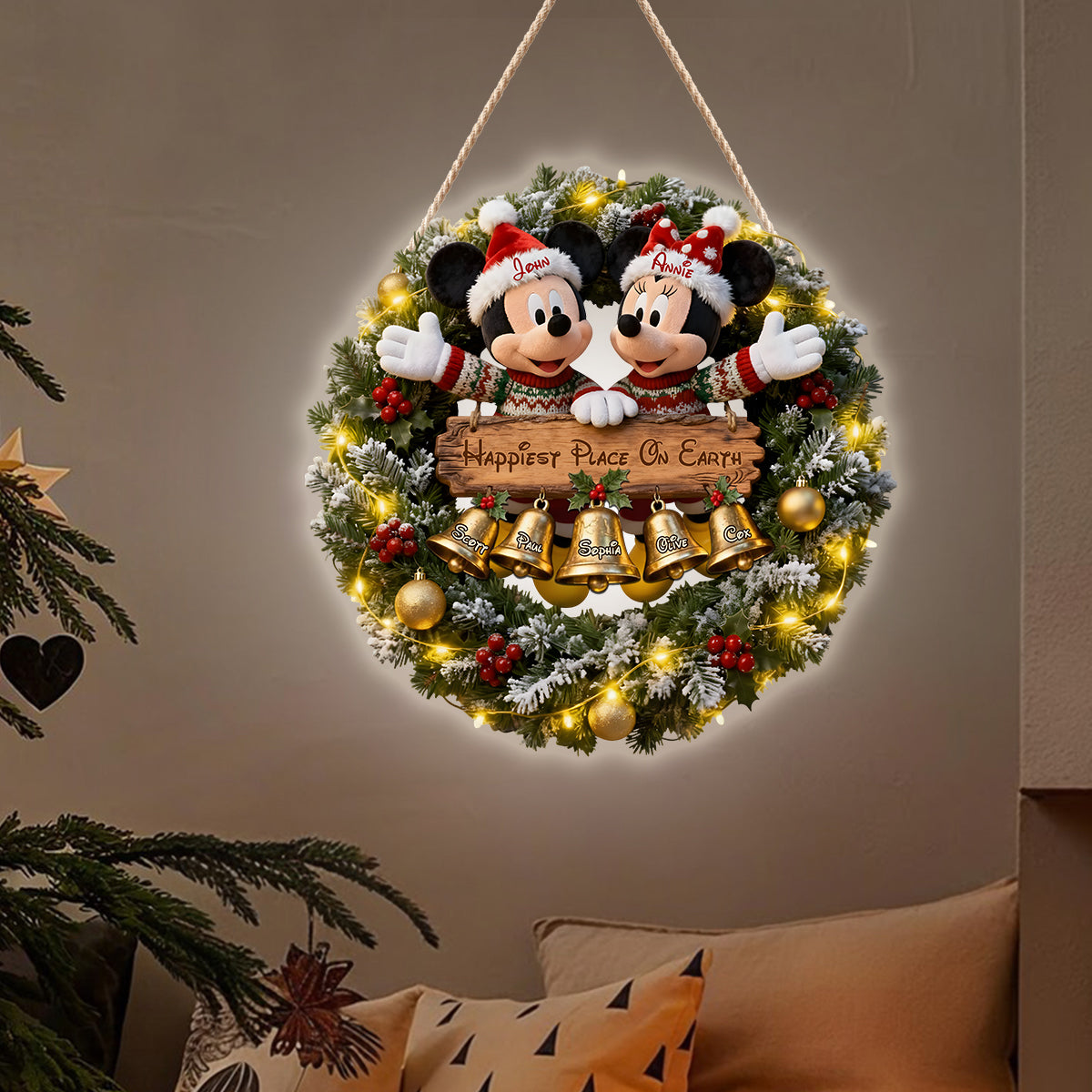 Christmas Bells Wreath With Led Light - Personalized Mouse LED Light Acrylic Sign