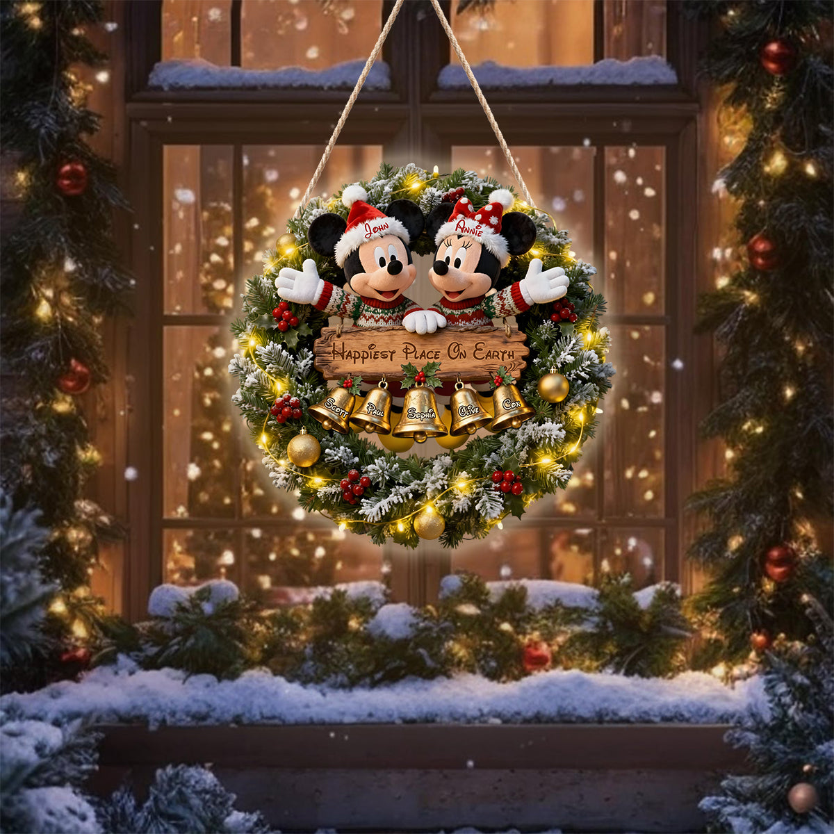 Christmas Bells Wreath With Led Light - Personalized Mouse LED Light Acrylic Sign