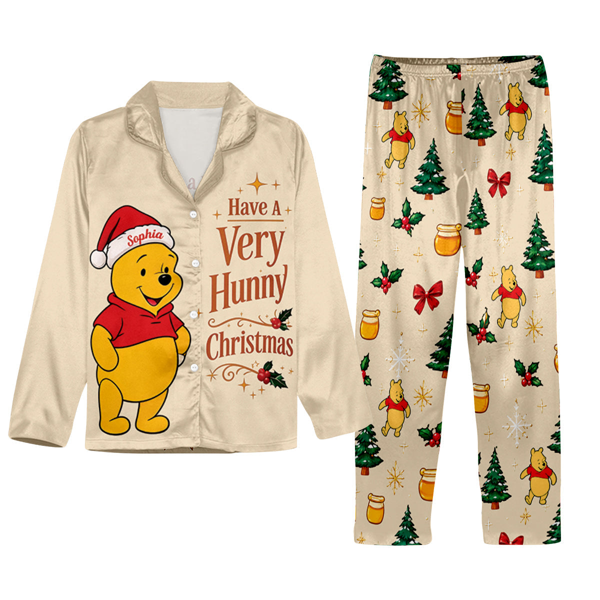 Have A Very Hunny Christmas - Personalized Yellow Bear Button Down Pajamas