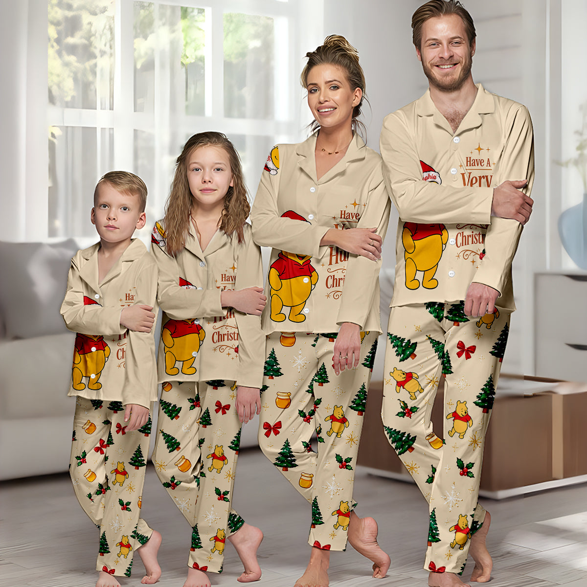 Have A Very Hunny Christmas - Personalized Yellow Bear Button Down Pajamas