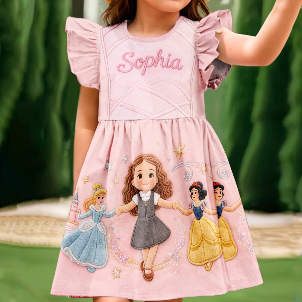 Magical Princess Friends - Personalized Beautiful Princess Kid Ruffle Sleeve Dress