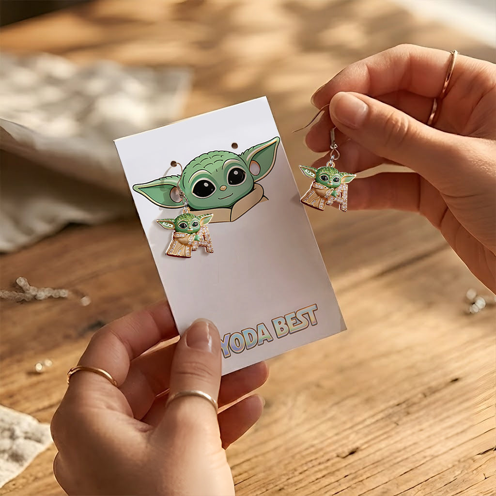 Green Alien Initial Letter - Personalized The Force Earrings With Card