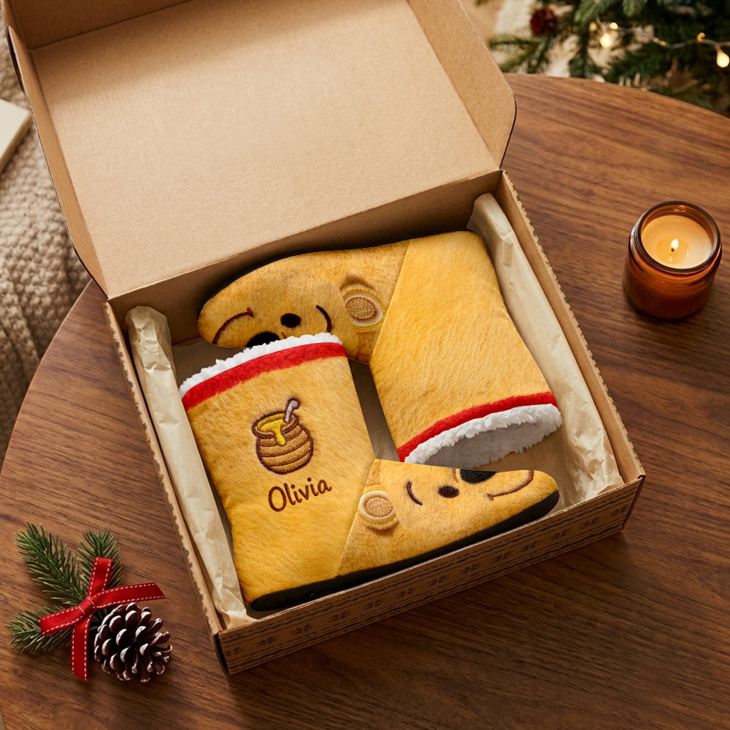 Hunny Friend - Personalized Yellow Bear Faux Fur Boot Slippers