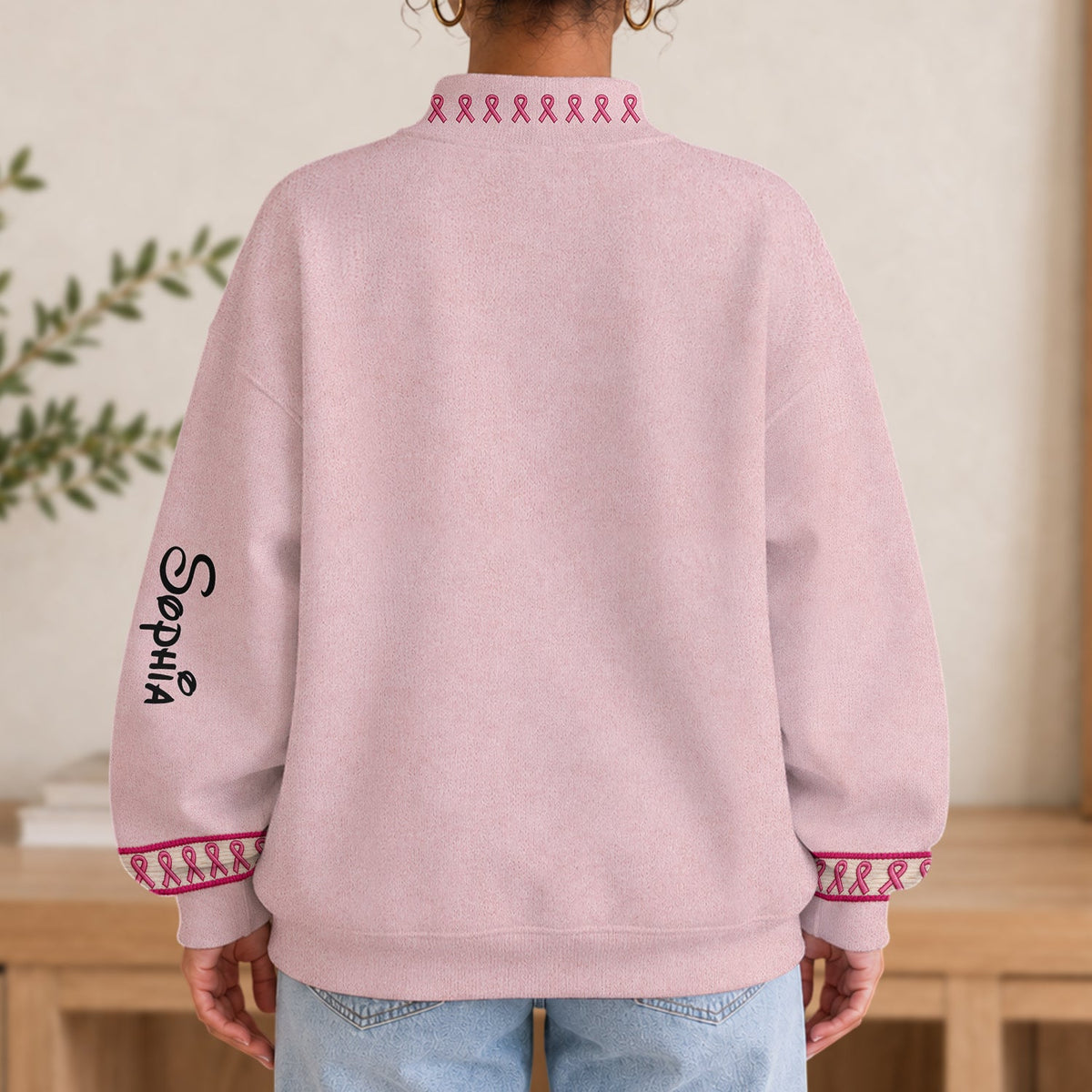 In October We Wear Pink - Personalized Breast Cancer Awareness Mock Neck Sweatshirt