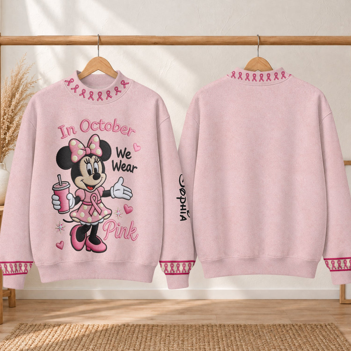 In October We Wear Pink - Personalized Breast Cancer Awareness Mock Neck Sweatshirt