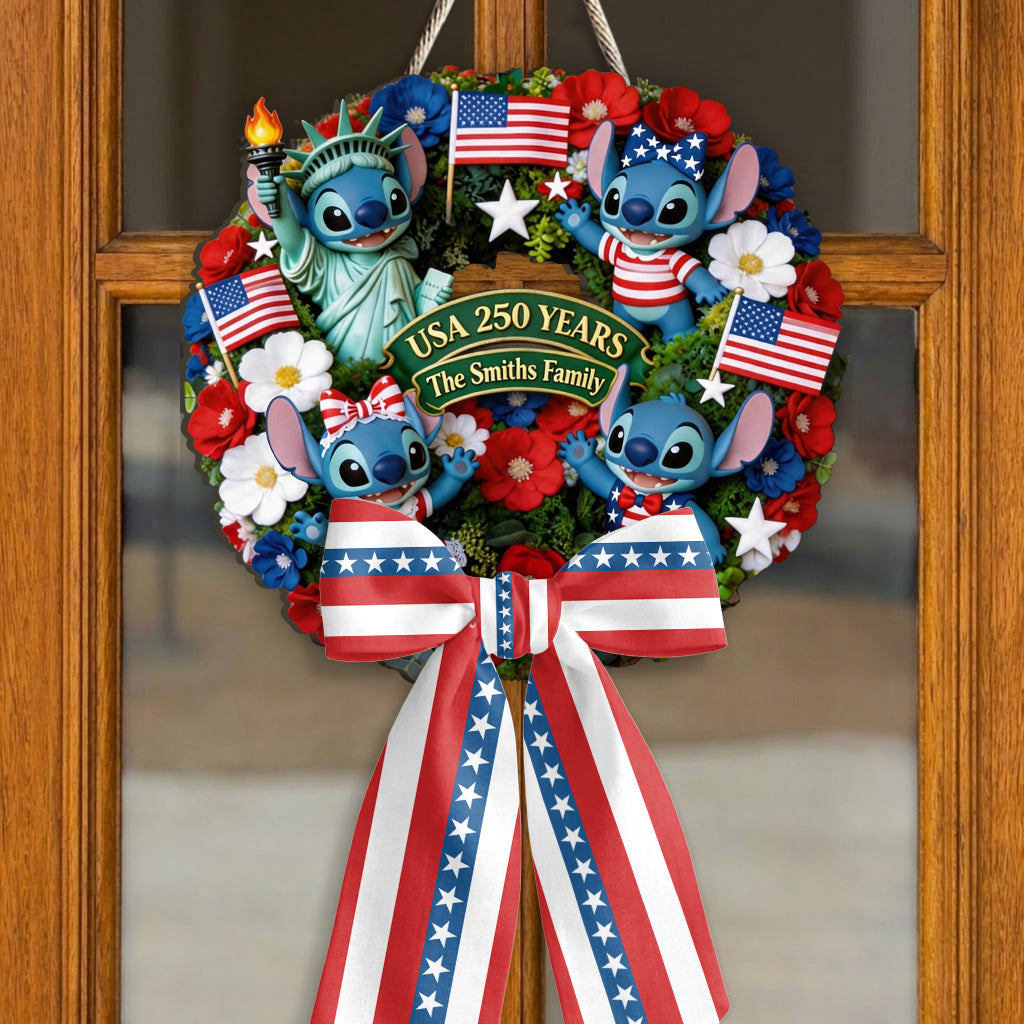 Cartoon Monster, 250th Anniversary - Personalized Ohana Shaped Wood Sign With Sash