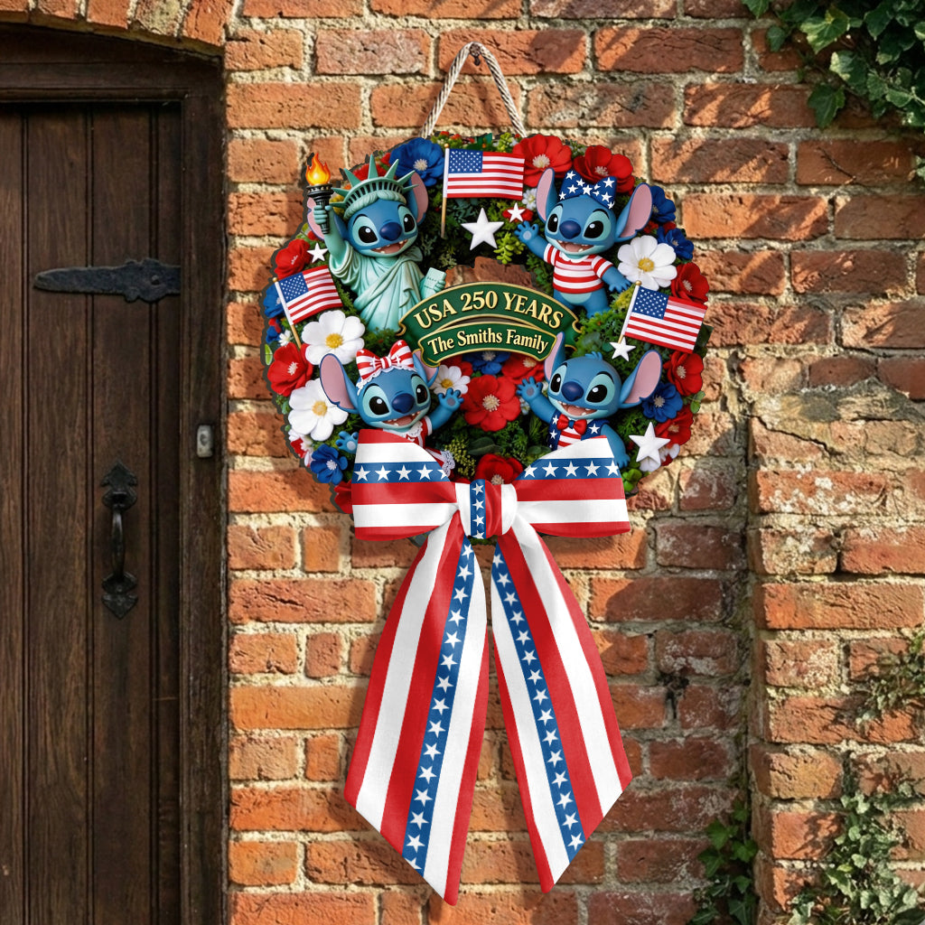 Cartoon Monster, 250th Anniversary - Personalized Ohana Shaped Wood Sign With Sash