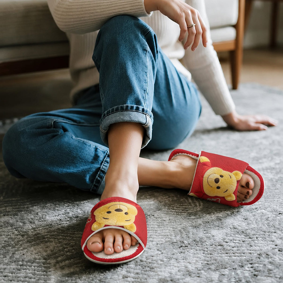 Cute Yellow Bear - Personalized Yellow Bear Open-Toe Slippers