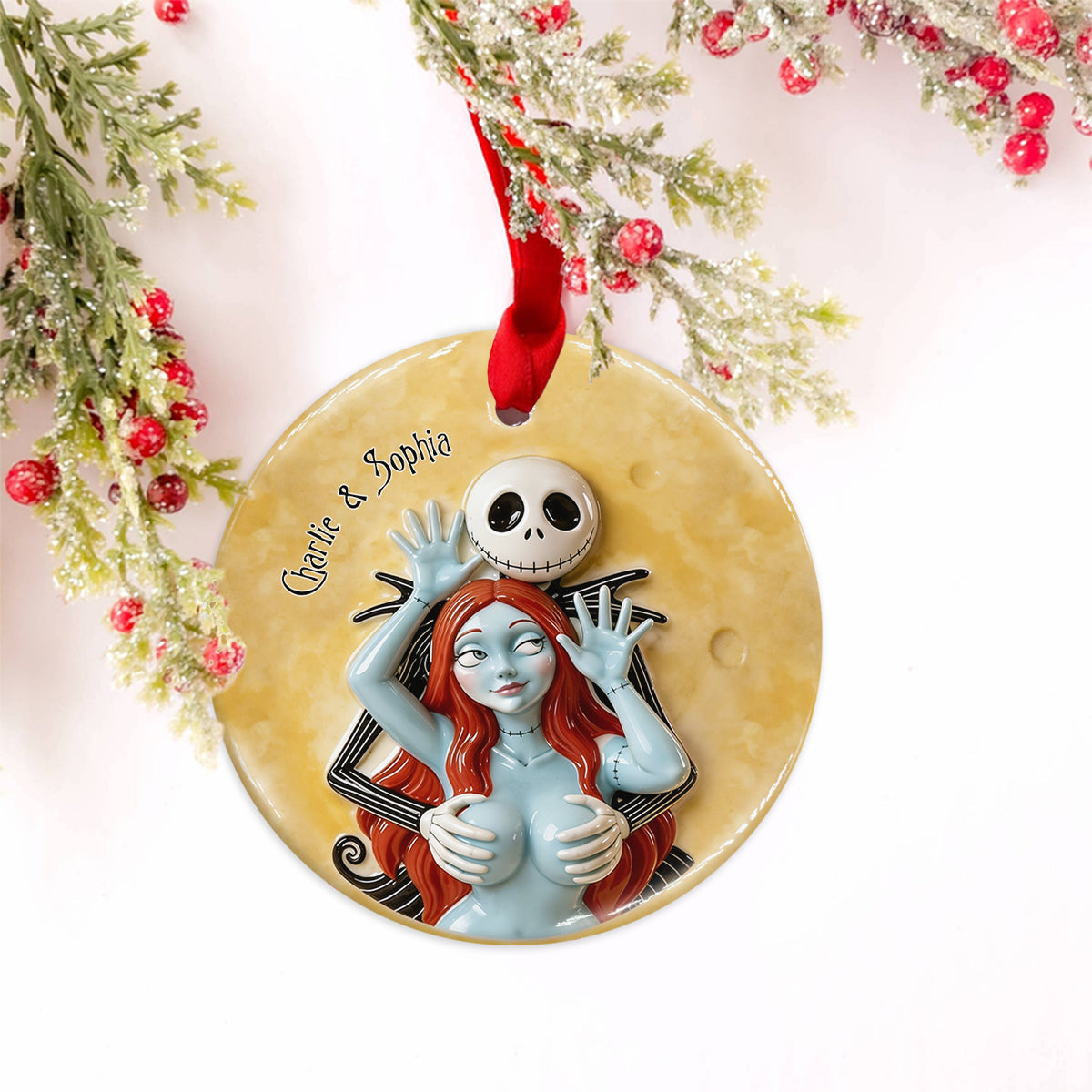Naughty Spooky Couple - Personalized Nightmare Ceramic Circle Ornament
