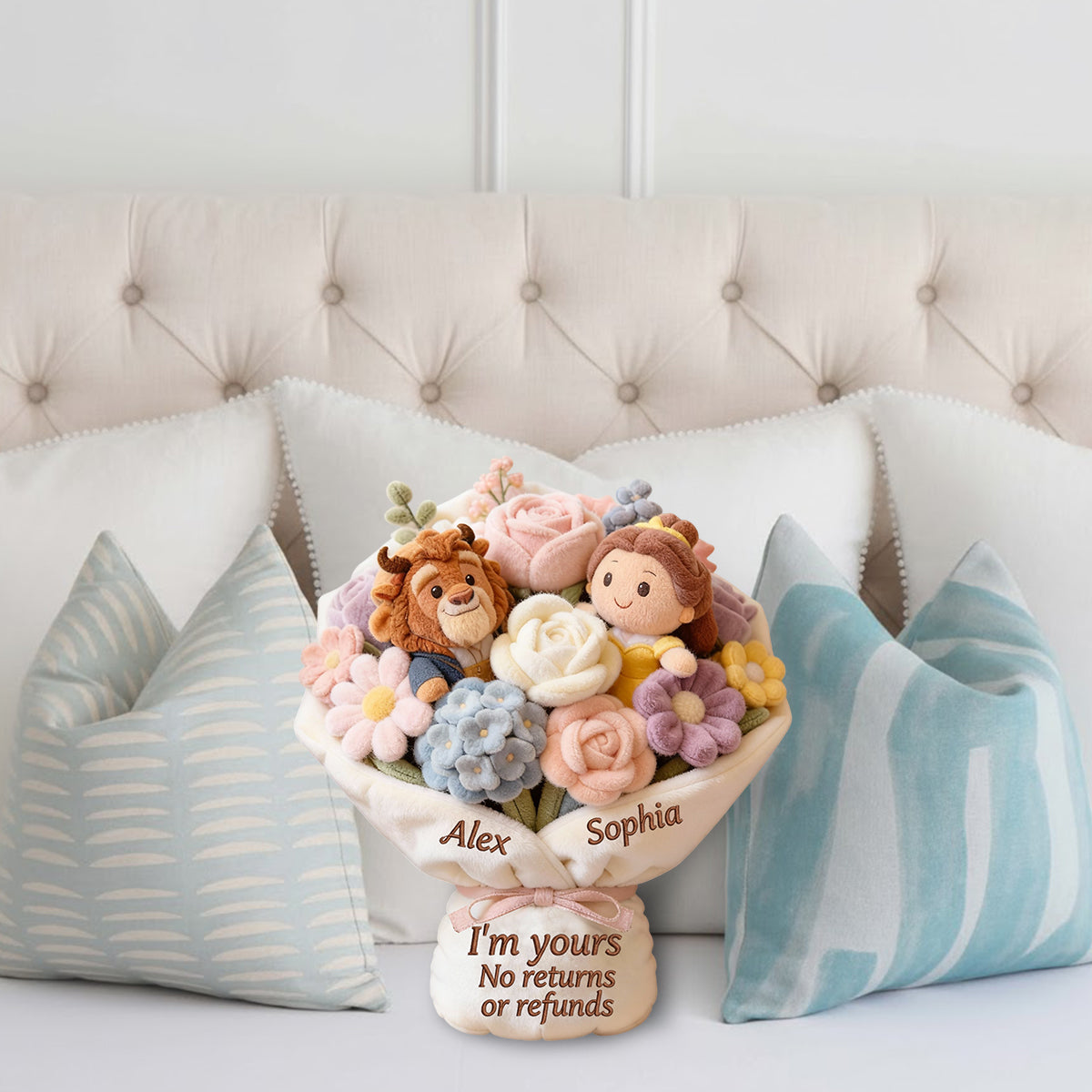 I'm Yours No Returns Or Refunds Bouquet - Personalized Beauty And The Beast Faux Fur Shaped Pillow