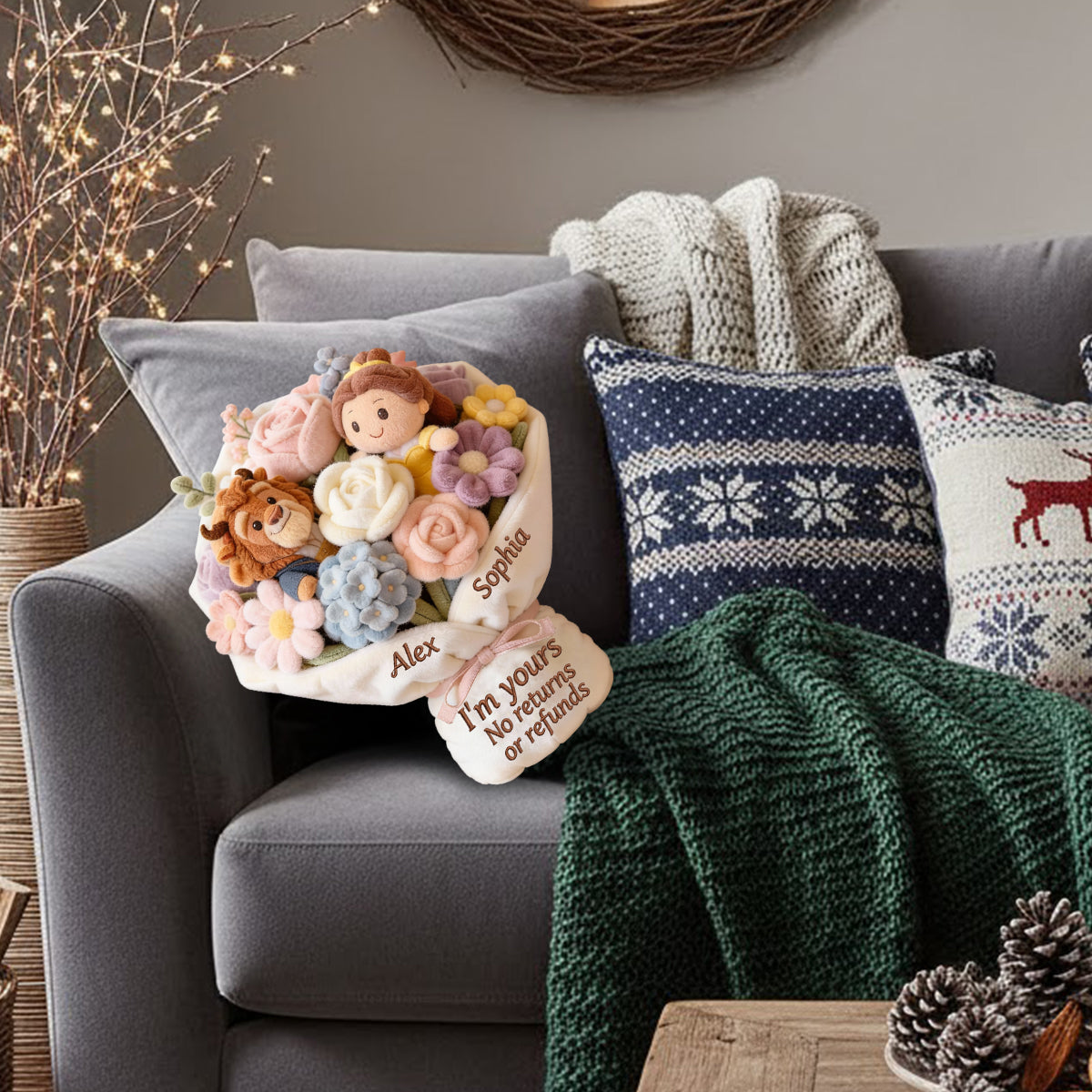 I'm Yours No Returns Or Refunds Bouquet - Personalized Beauty And The Beast Faux Fur Shaped Pillow