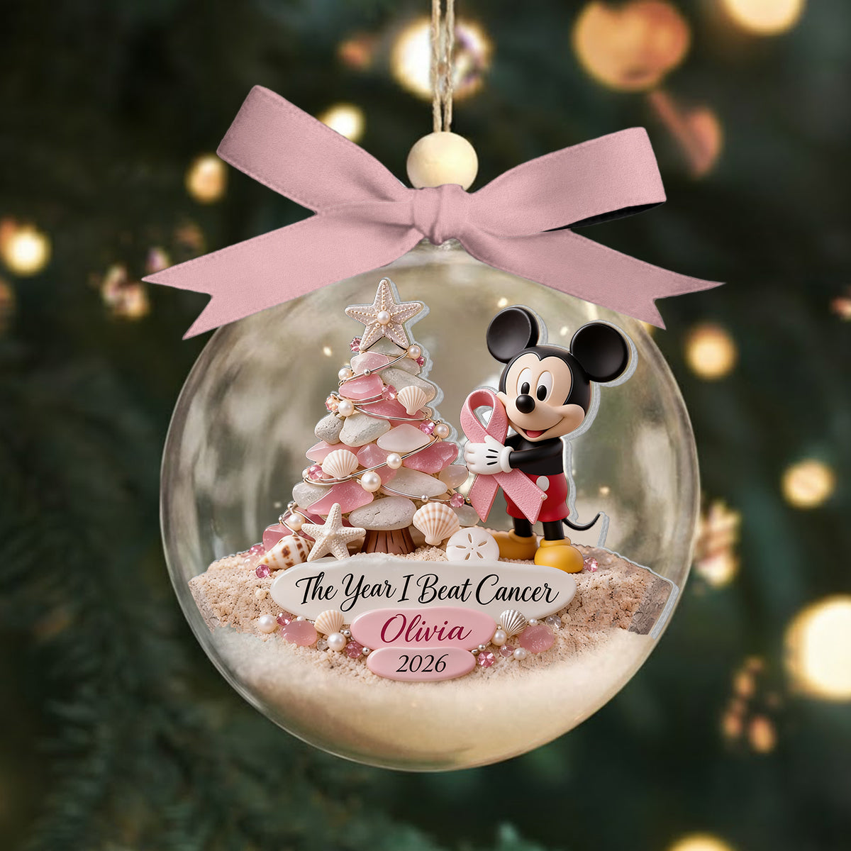 The Year I Beat Cancer - Personalized Breast Cancer Awareness Snow Globe Ornament With Bow