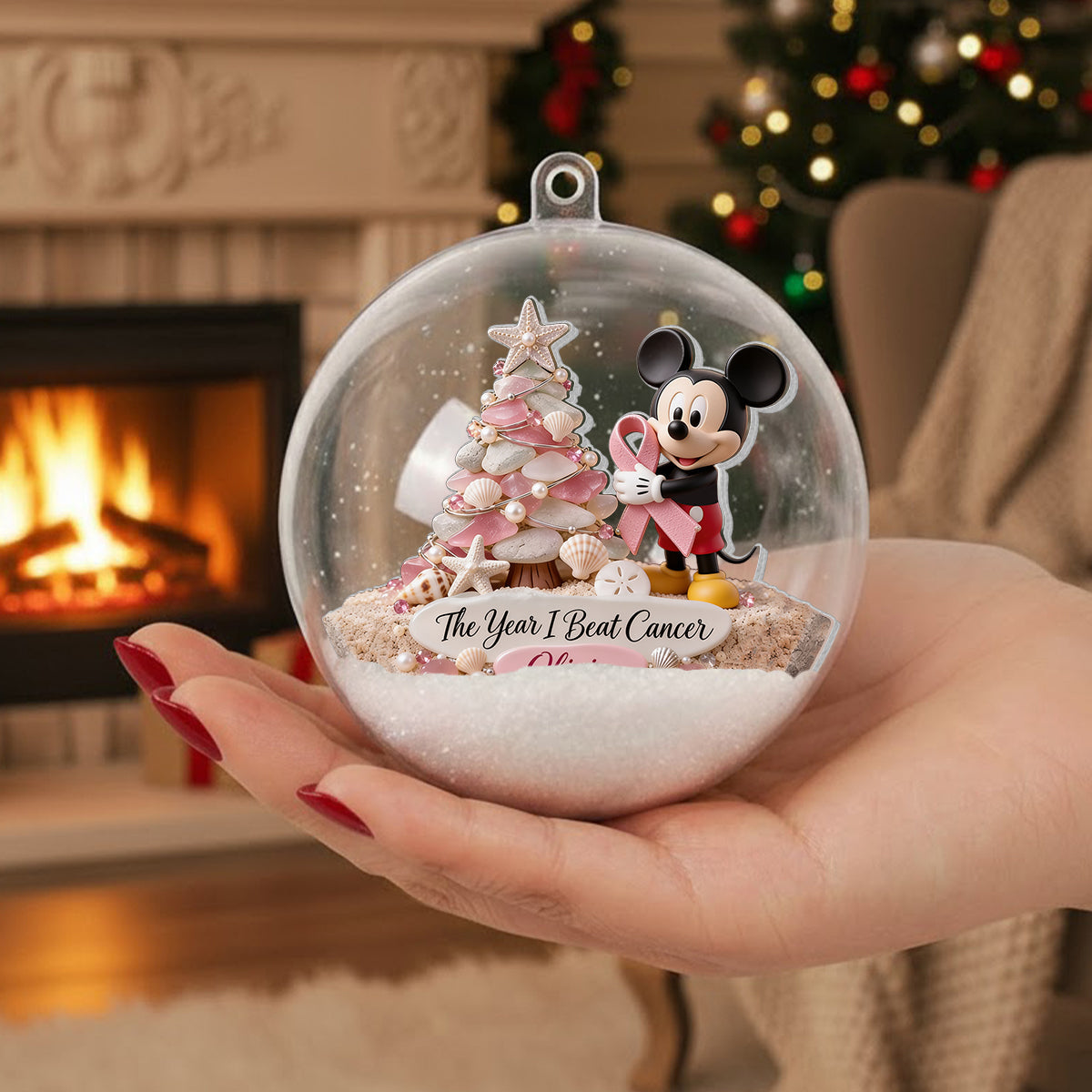 The Year I Beat Cancer - Personalized Breast Cancer Awareness Snow Globe Ornament With Bow