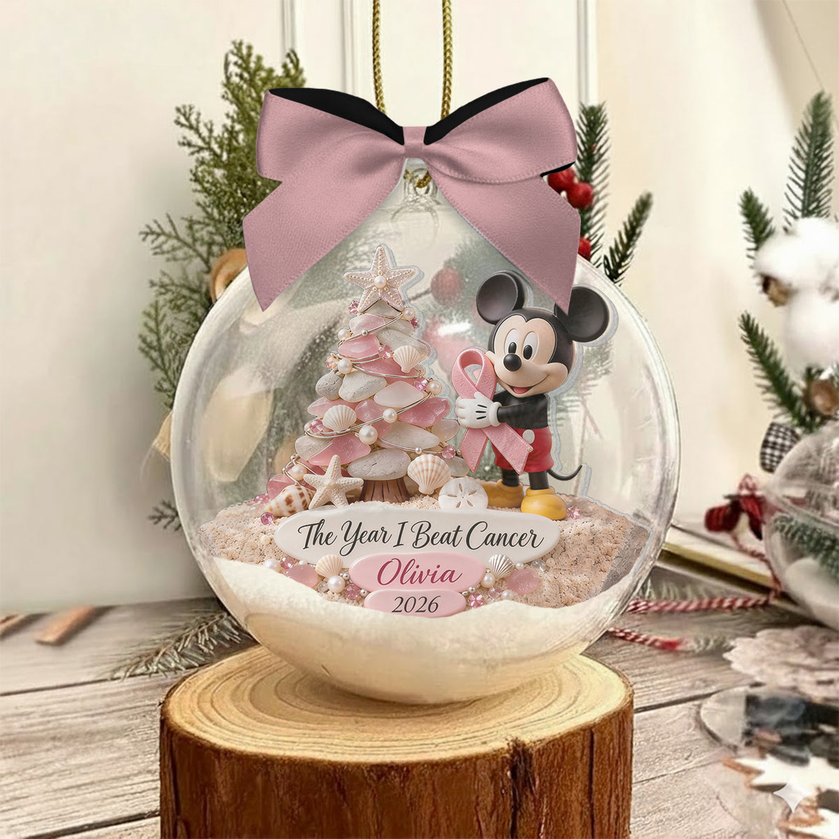 The Year I Beat Cancer - Personalized Breast Cancer Awareness Snow Globe Ornament With Bow