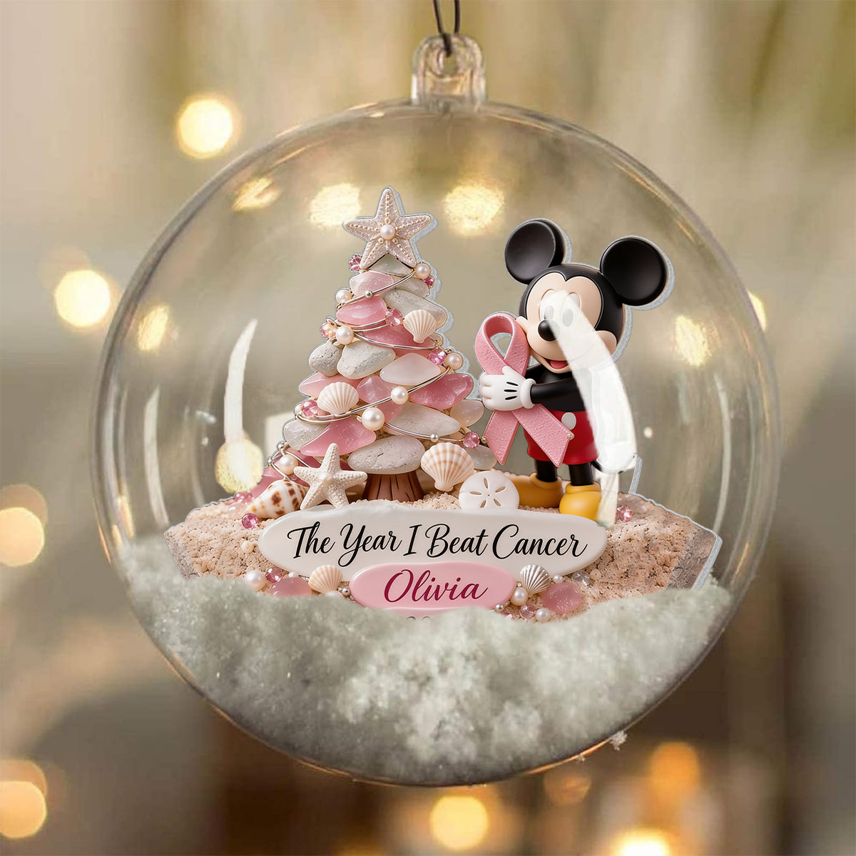 The Year I Beat Cancer - Personalized Breast Cancer Awareness Snow Globe Ornament With Bow