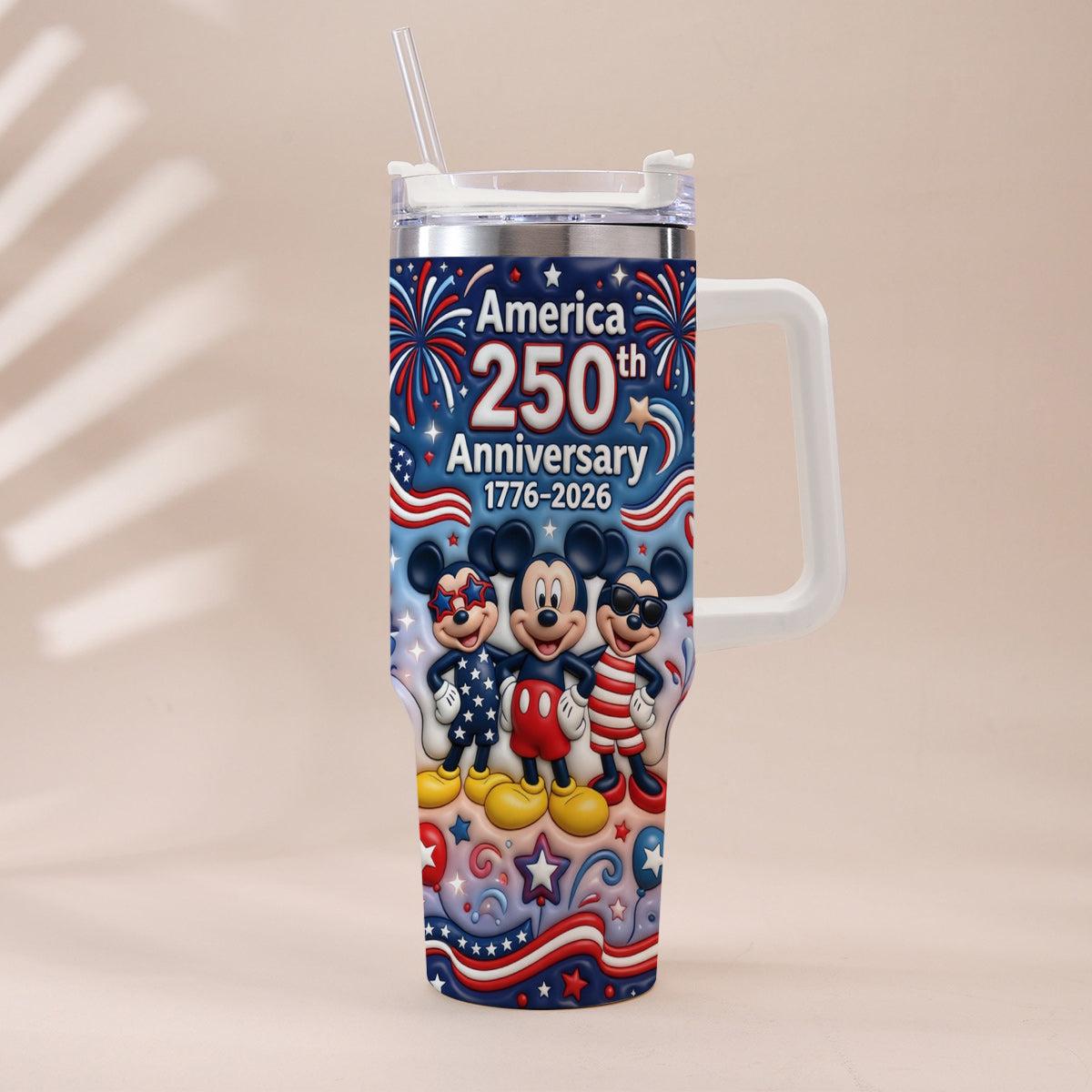 Cute Cartoon Mouse USA 250th Anniversary - Personalized Mouse Tumbler With Handle
