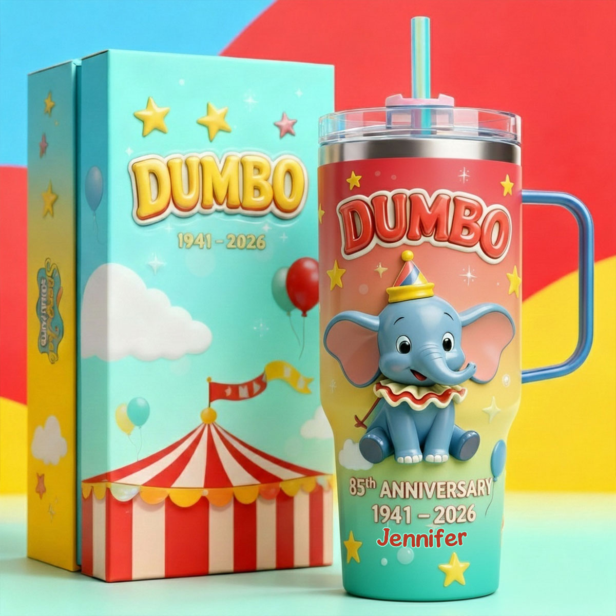 Flying Elephant 85th Anniversary - Personalized Baby Elephant Tumbler With Handle