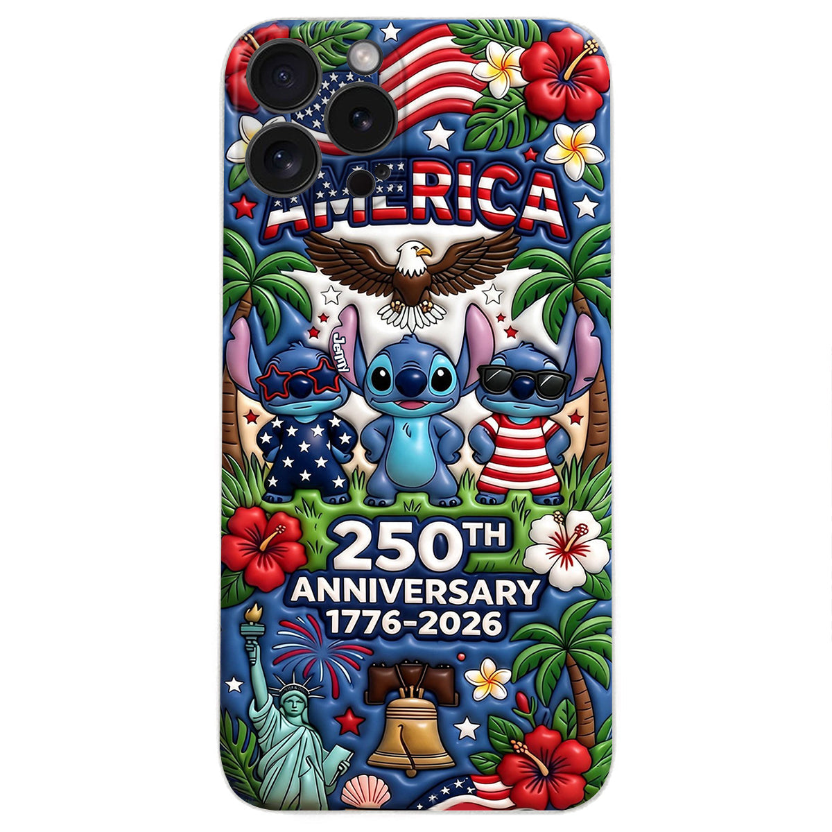 Cute Blue Alien USA 250th Anniversary - Personalized Ohana 3D Embossed Leather Phone Case