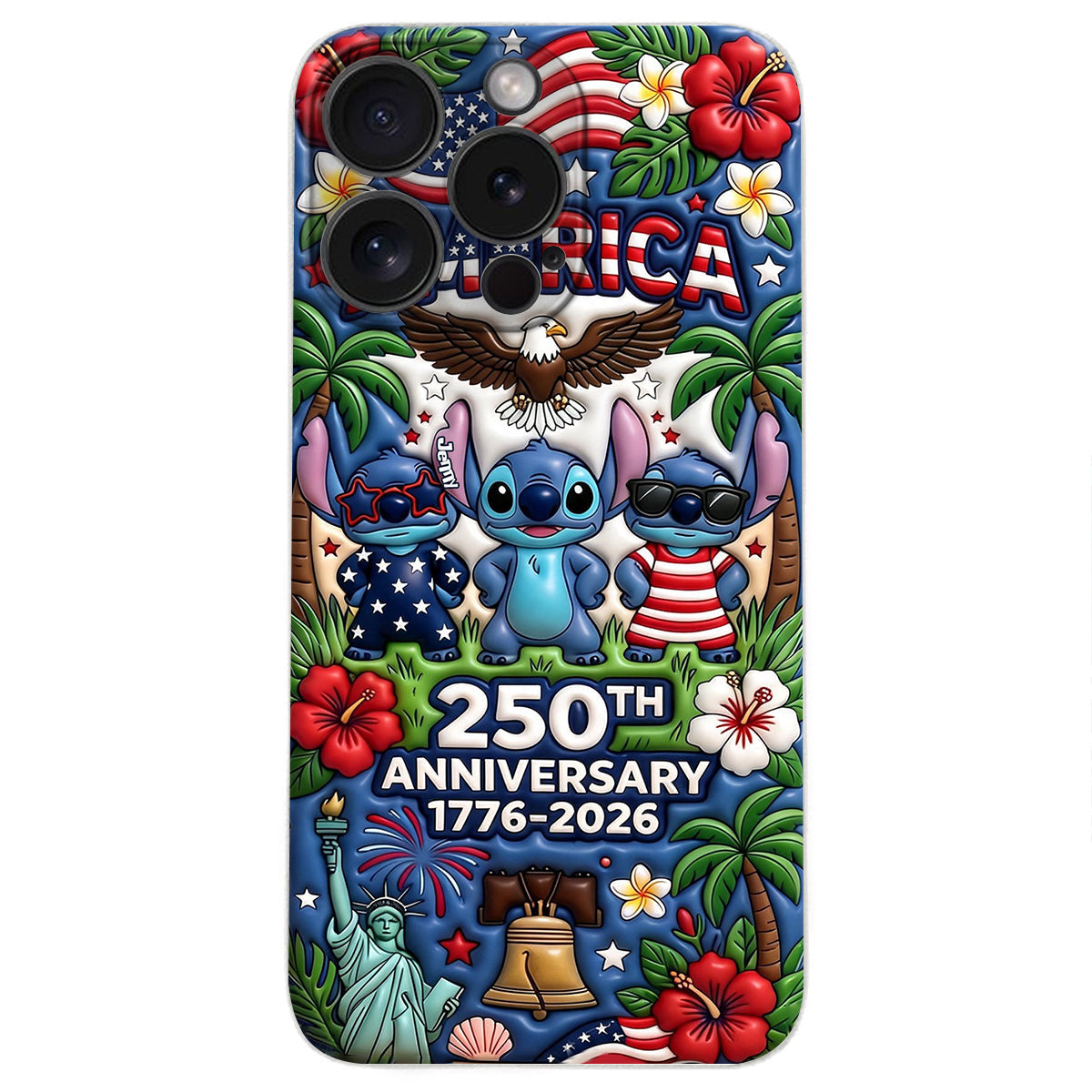 Cute Blue Alien USA 250th Anniversary - Personalized Ohana 3D Embossed Leather Phone Case