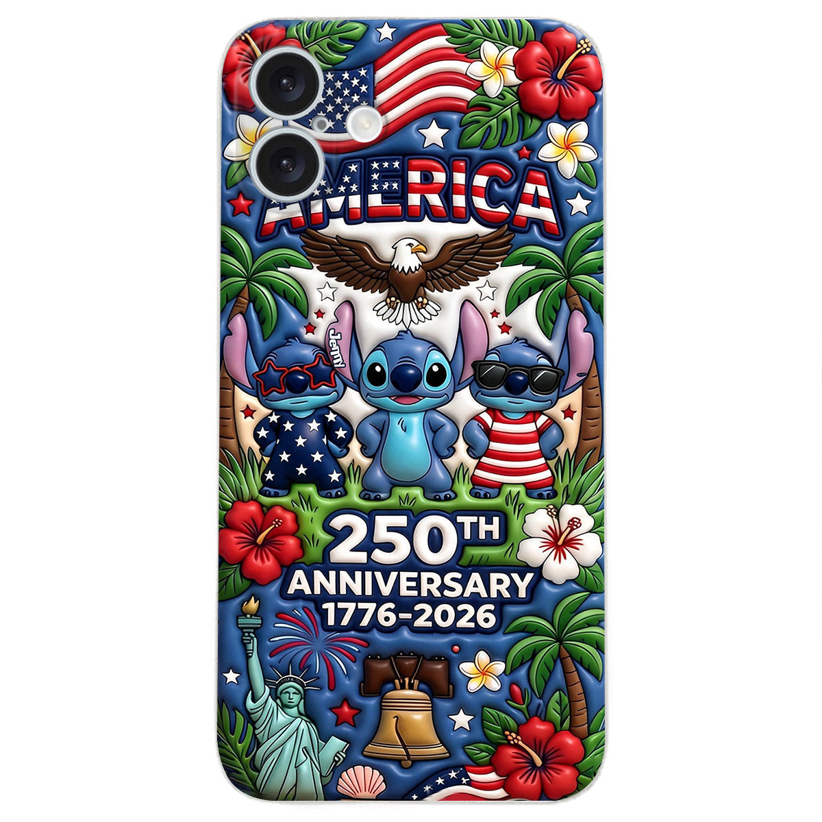 Cute Blue Alien USA 250th Anniversary - Personalized Ohana 3D Embossed Leather Phone Case