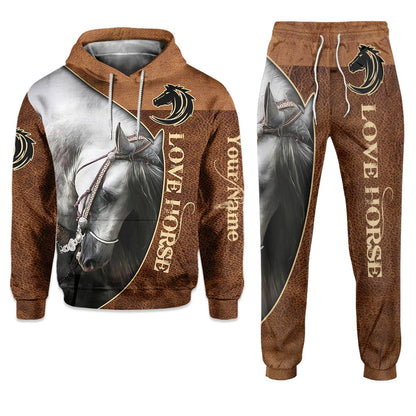 Love Horses - Personalized Horse Hoodie and Sweatpants With Leather Pattern Print