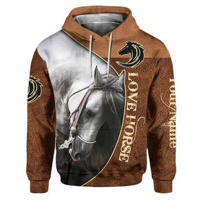 Love Horses - Personalized Horse Hoodie and Sweatpants With Leather Pattern Print