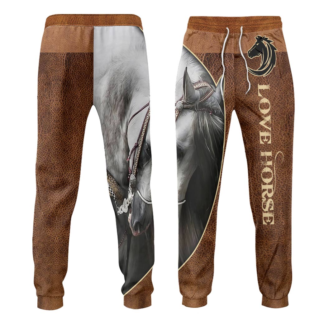 Love Horses - Personalized Horse Hoodie and Sweatpants With Leather Pattern Print